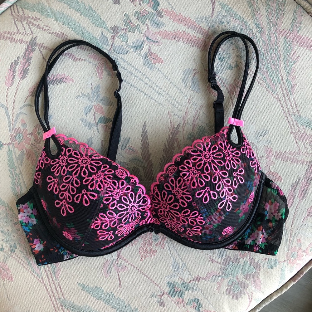 Victoria's Secret Black and Pink Floral Bra